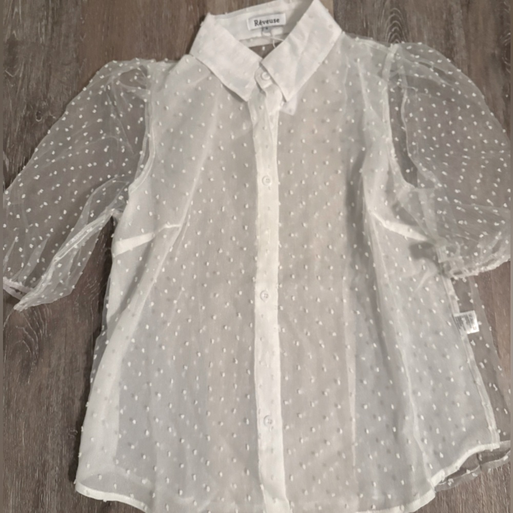 REVEUSE Sheer White Polka Dot Blouse
